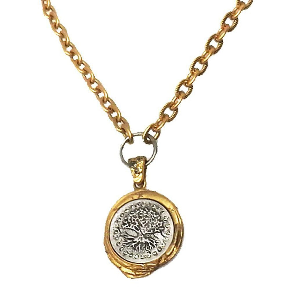 Gold Guna Wax Seal Pendant necklace with tree of life charm
