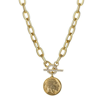 Gold Indian Head Necklace with Crystal Toggle clasp.
