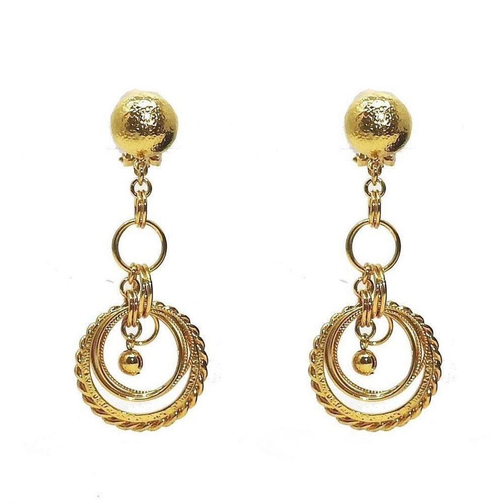 Gold link chandelier clip earrings with textured ball tops and layered circle accents.
