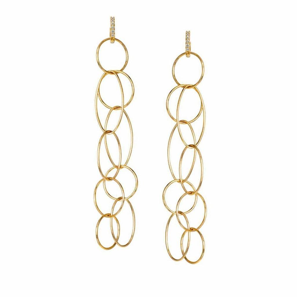 Gold long hoop earrings with CZ stones, featuring a delicate chain of interconnected circles.
