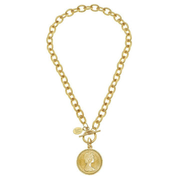 Gold coin pendant necklace with a thick chain.
