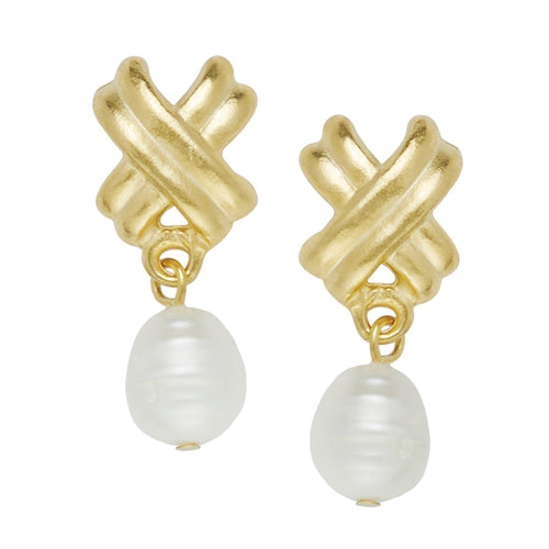 Gold Small Texas X's with Freshwater Pearl Earrings-Susan Shaw-Swag Designer Jewelry