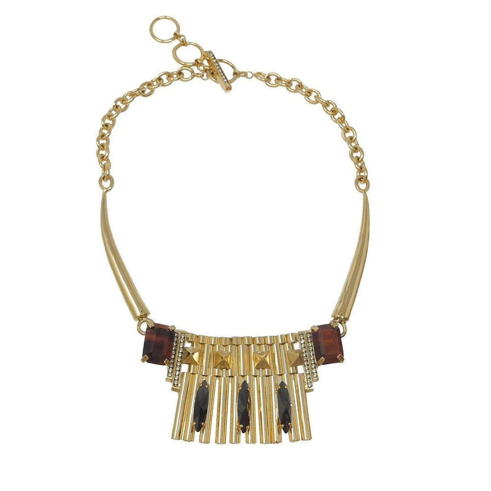 Gold and brass necklace with black and tiger eye stones; statement piece.
