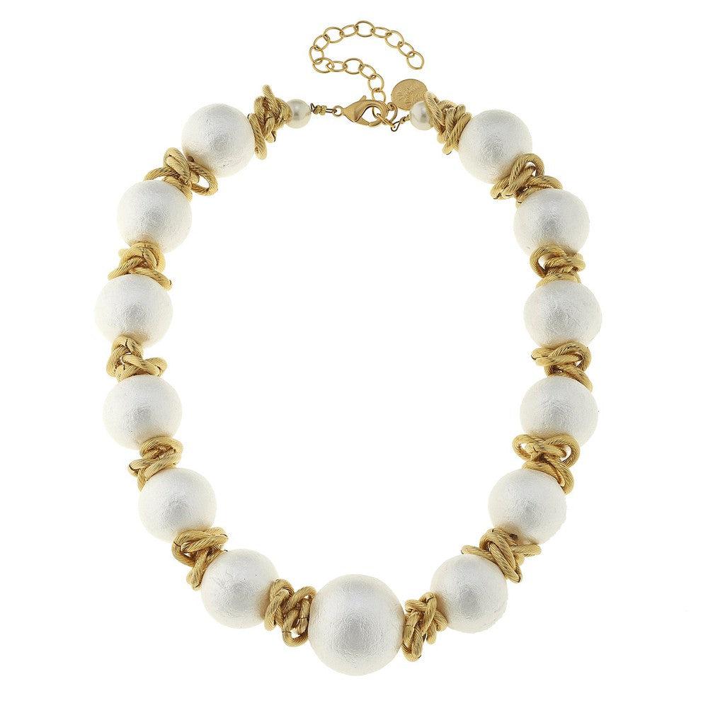 Gold & white cotton pearl choker necklace with gold accents
