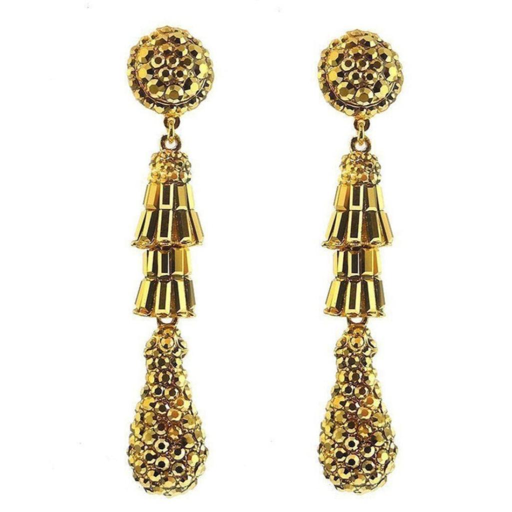 Golden Aurum Baguette Teardrop Clip Earrings: Gold crystal tassel drop earrings for a glamorous look.
