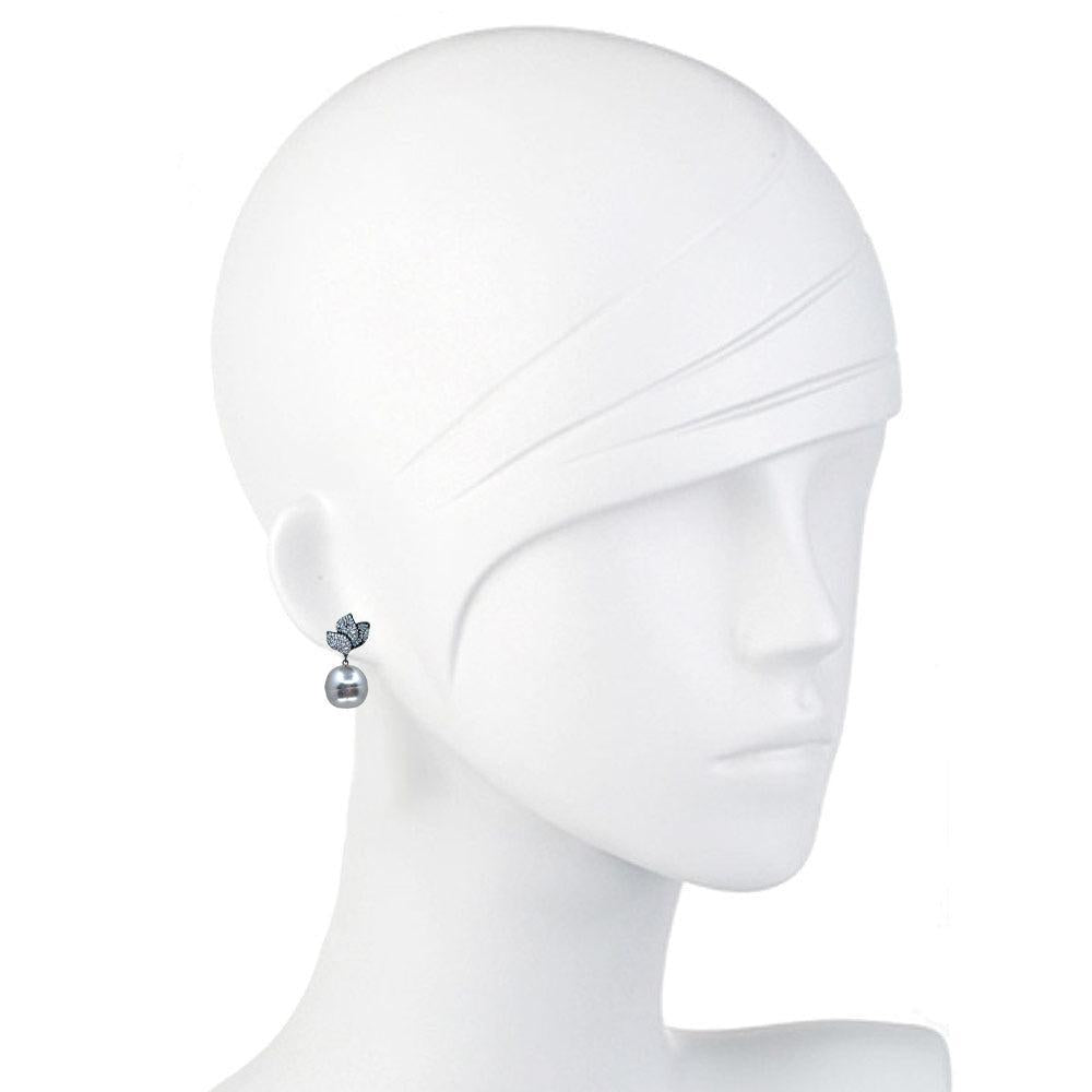 Gray Pearl Drop With Pave Crystal Earrings-Theia Jewelry-Swag Designer Jewelry