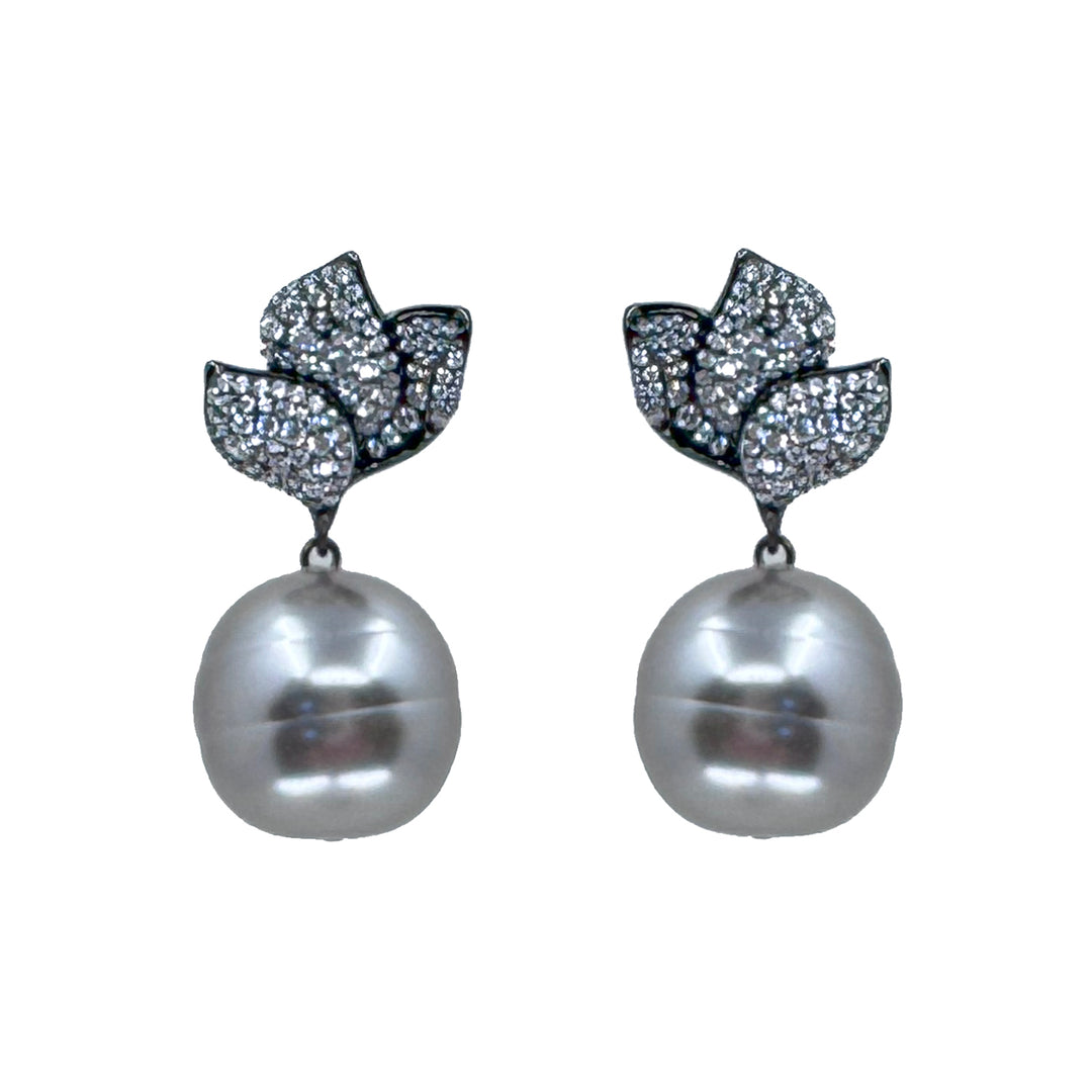 Gray Pearl Drop With Pave Crystal Earrings-Theia Jewelry-Swag Designer Jewelry
