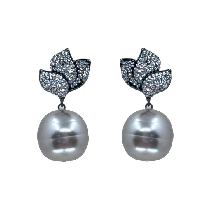 Gray Pearl Drop With Pave Crystal Earrings-Theia Jewelry-Swag Designer Jewelry