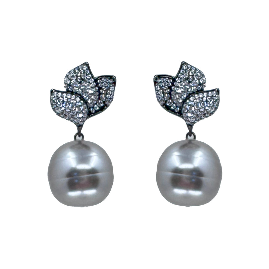 Gray Pearl Drop With Pave Crystal Earrings-Theia Jewelry-Swag Designer Jewelry