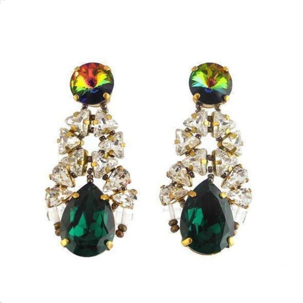 Emerald green crystal drop earrings with iridescent and clear crystal accents.
