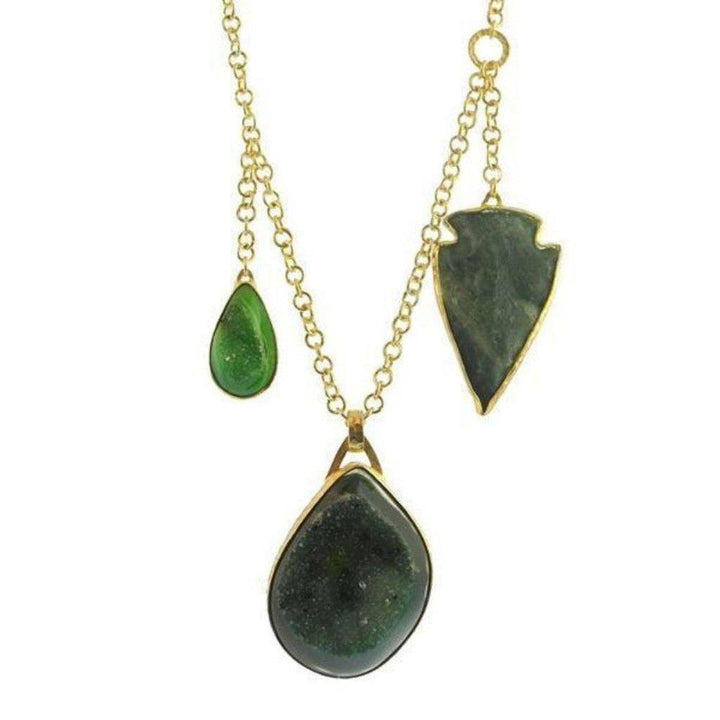 Green Drusy, Arrowhead Agate necklace: gold chain, teardrop & arrowhead pendants.
