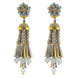 Grey Bead Tassel Clip Earrings-Jose Maria Barrera-Swag Designer Jewelry