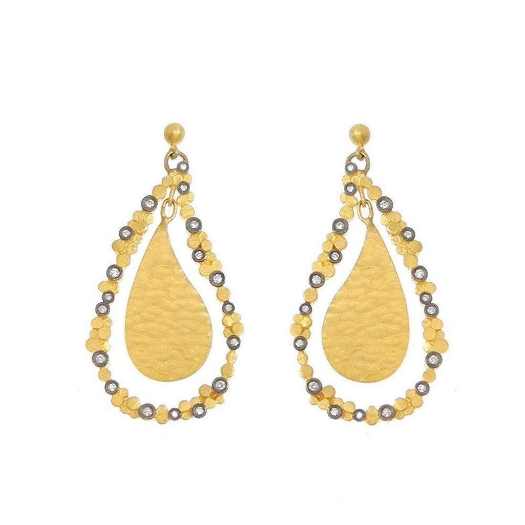 Hammered 24k gold teardrop earrings with diamond accents
