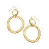 Hammered gold double hoop earrings; textured, brushed gold finish.
