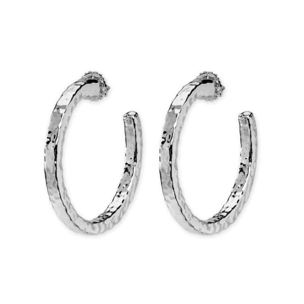 Silver Hammered Hoops earrings, textured metal design
