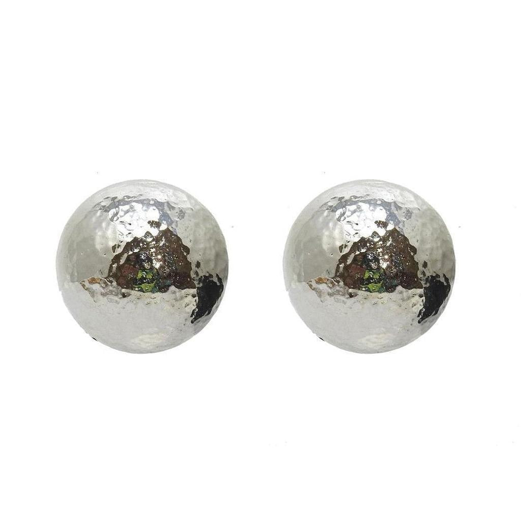 Hammered silver button clip earrings; textured, round design.
