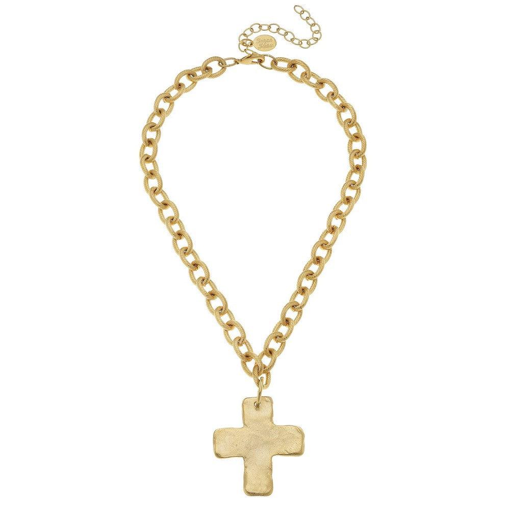 Gold chain necklace featuring a textured cross pendant.
