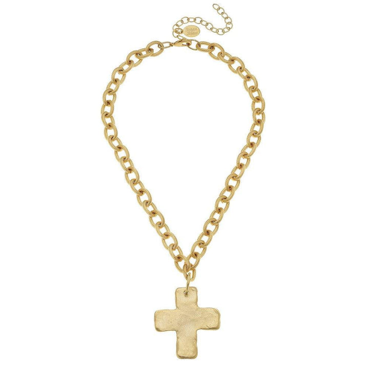 Gold chain necklace featuring a textured cross pendant.
