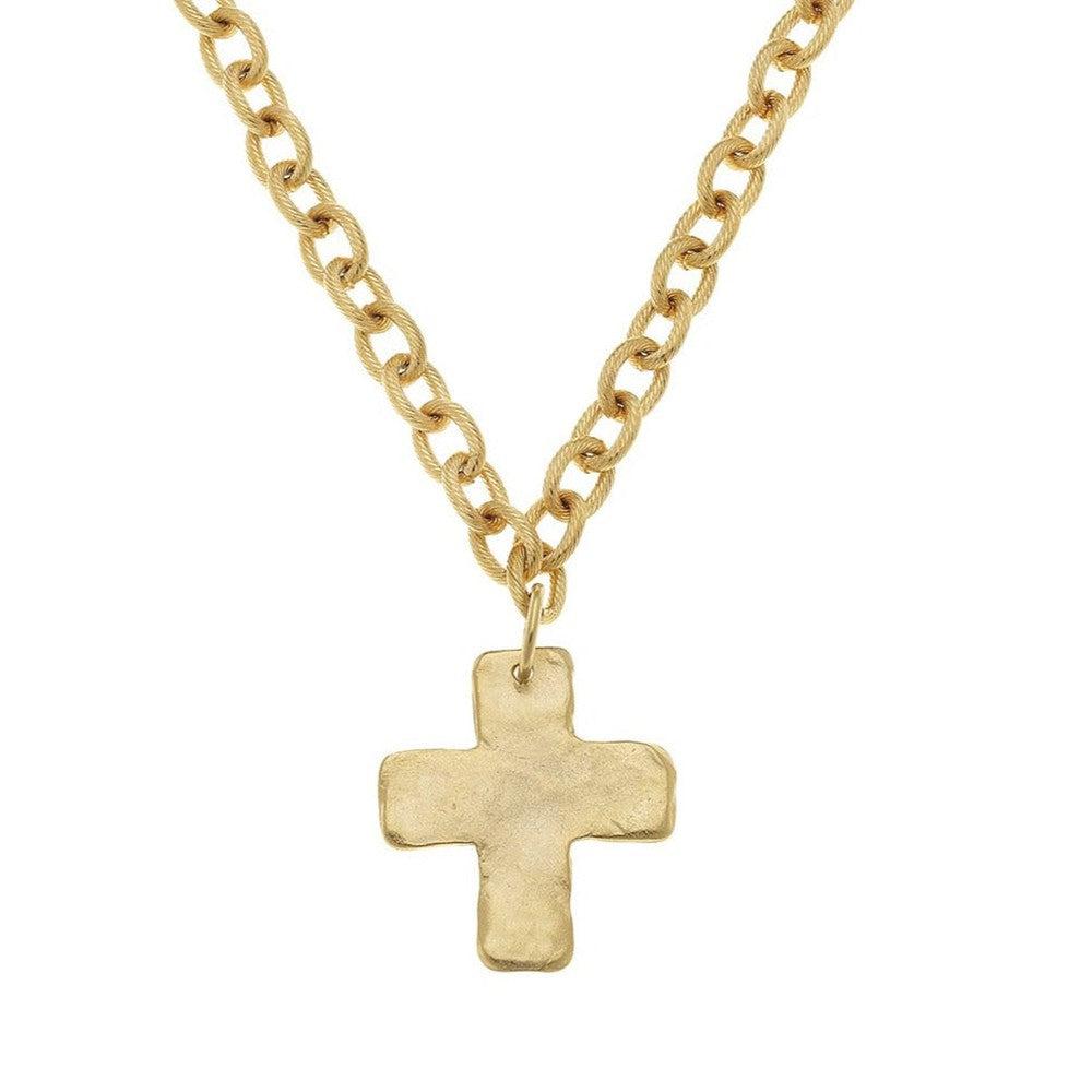 Gold hand-cast cross necklace with textured chain
