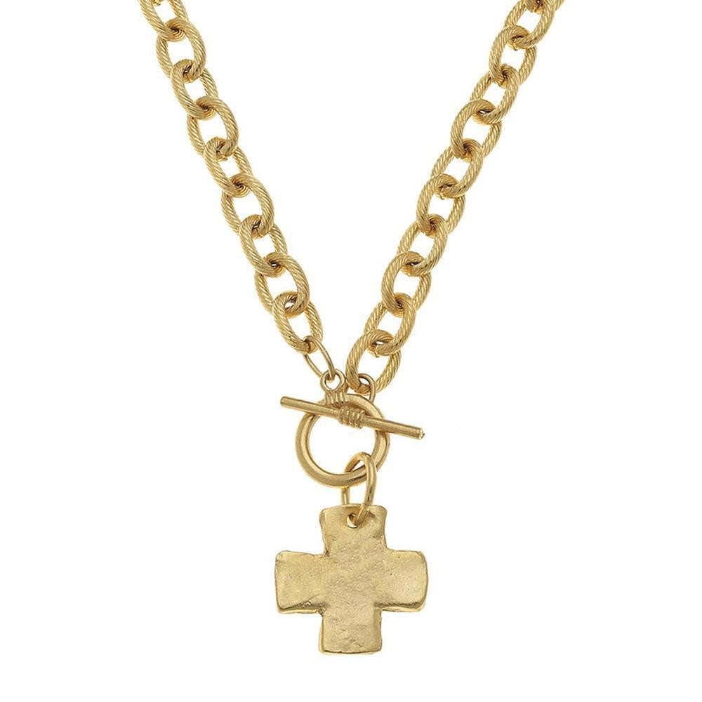 Hand-cast gold cross toggle necklace with textured chain

