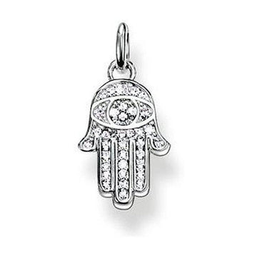 Silver Hand of Fatima pendant with clear cubic zirconia accents.
