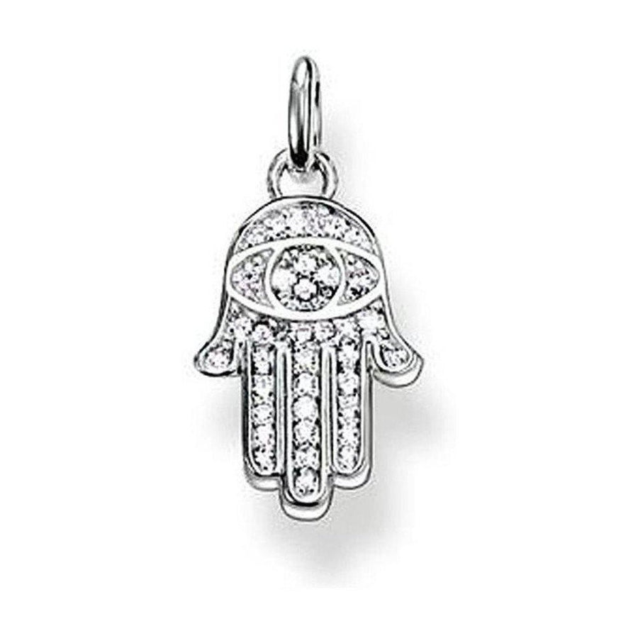 Silver Hand of Fatima pendant with clear cubic zirconia accents.
