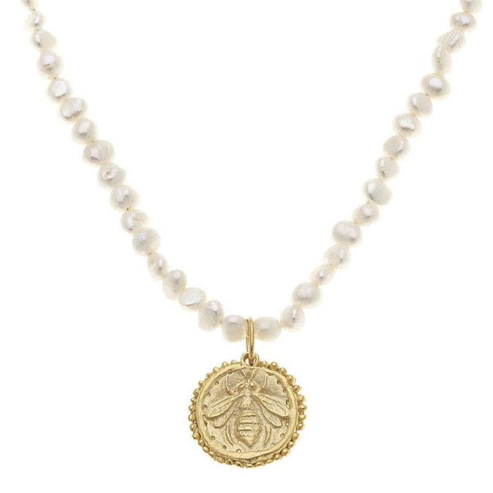 Handcast Gold Bee on Pearl Necklace-Susan Shaw-Swag Designer Jewelry