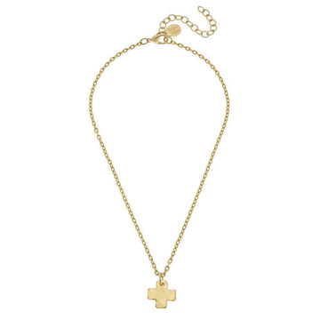 Gold cross necklace with delicate chain, minimalist design.
