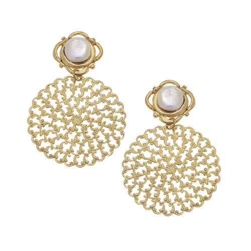 Handcast Gold Filigree & Genuine Coin Pearl Clip Earrings.-Susan Shaw-Swag Designer Jewelry