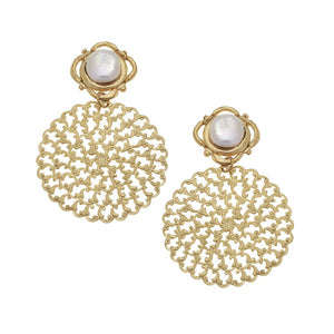 Handcast Gold Filigree & Genuine Coin Pearl Clip Earrings.-Susan Shaw-Swag Designer Jewelry