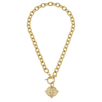 Gold chain necklace featuring a bee medallion pendant.
