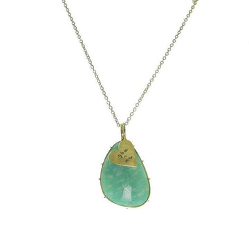 Teardrop amazonite pendant necklace with gold chain and "You & Me" heart charm.
