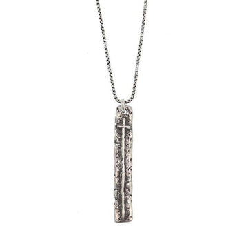 Silver He Lives necklace with textured rectangular pendant featuring a cross.
