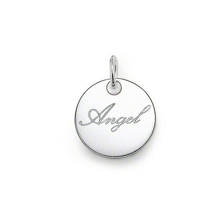 Silver "Angel" heart pendant charm, delicate script.
