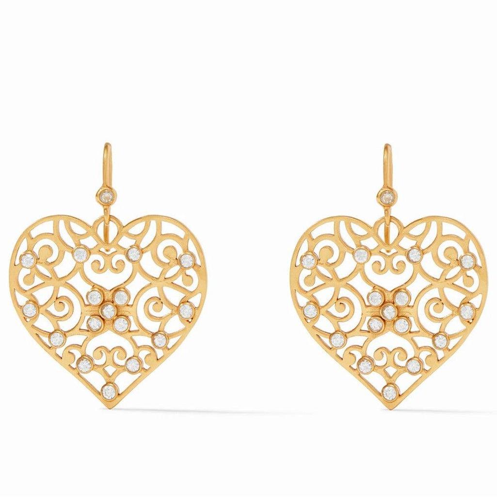 Gold filigree heart earrings with sparkling clear stones.
