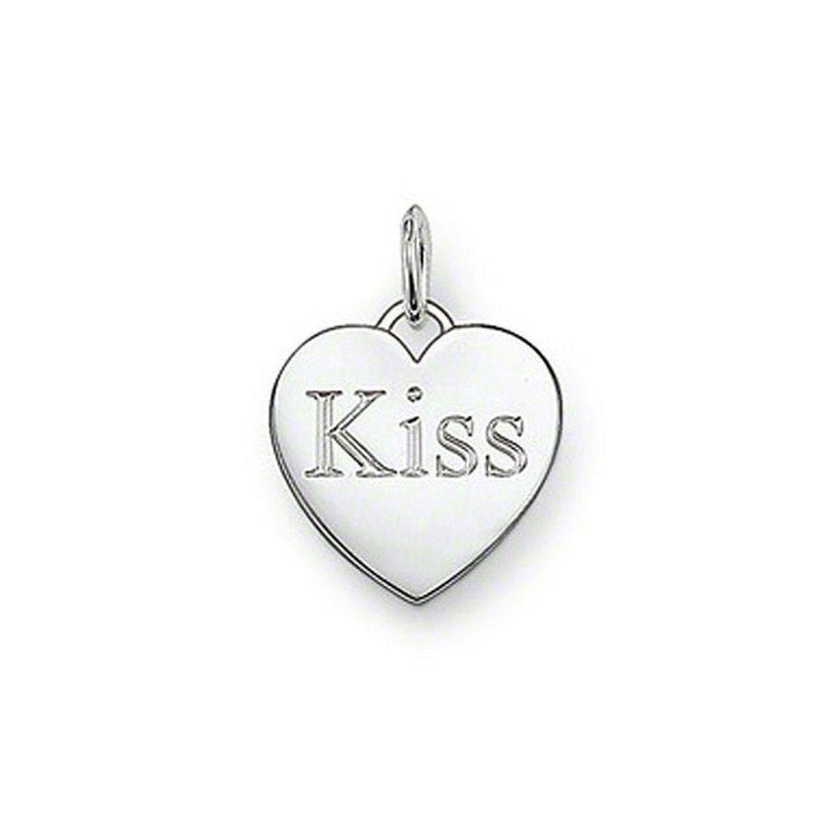 Silver heart pendant necklace with "Kiss" engraved.
