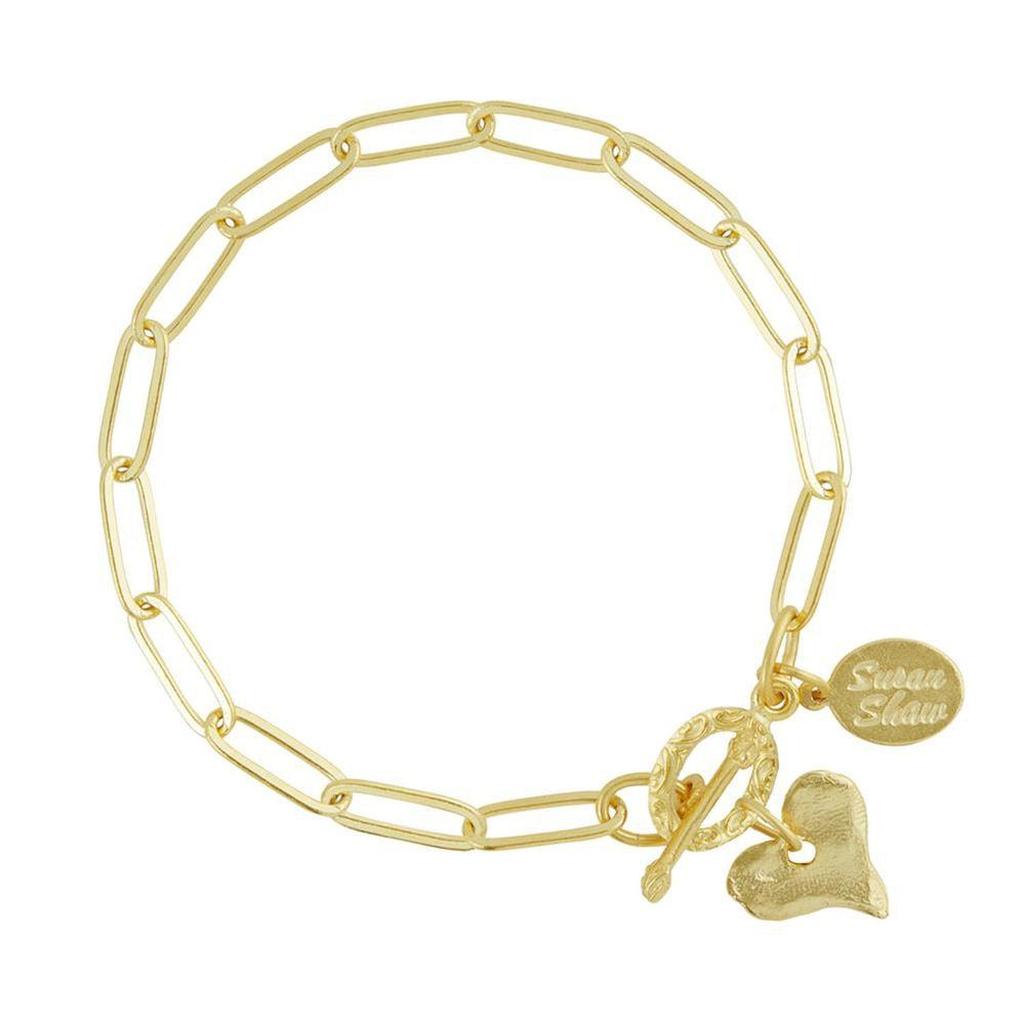 Gold paperclip chain bracelet with heart charm, Susan Shaw
