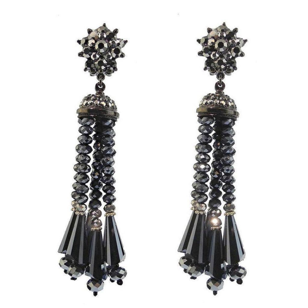 Hematite beaded tassel drop clip earrings; black crystal accents
