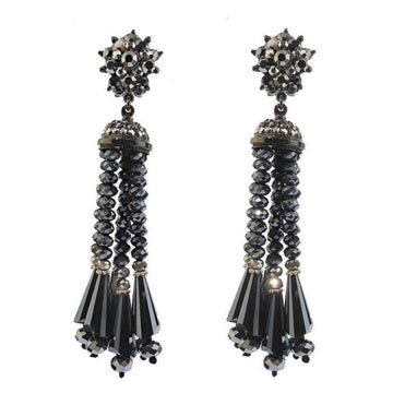 Hematite beaded tassel drop clip earrings; black crystal accents
