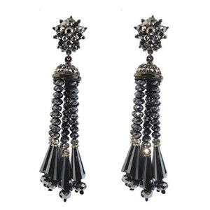 Hematite Beaded Tassel Drop Clip Earrings-Jose Maria Barrera-Swag Designer Jewelry
