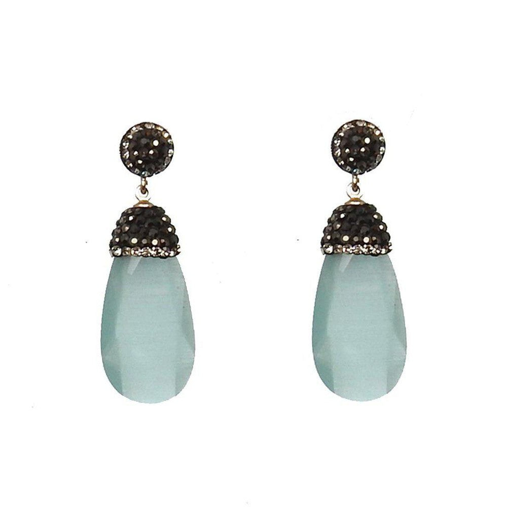 Hematite crystal drop earrings with light blue teardrop stones and black crystal accents.
