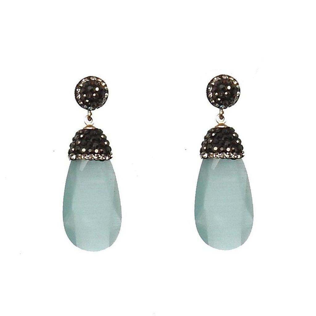 Hematite crystal drop earrings with light blue teardrop stones and black crystal accents.
