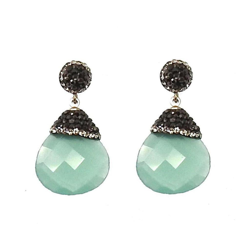 Mint green chalcedony & black crystal drop earrings
