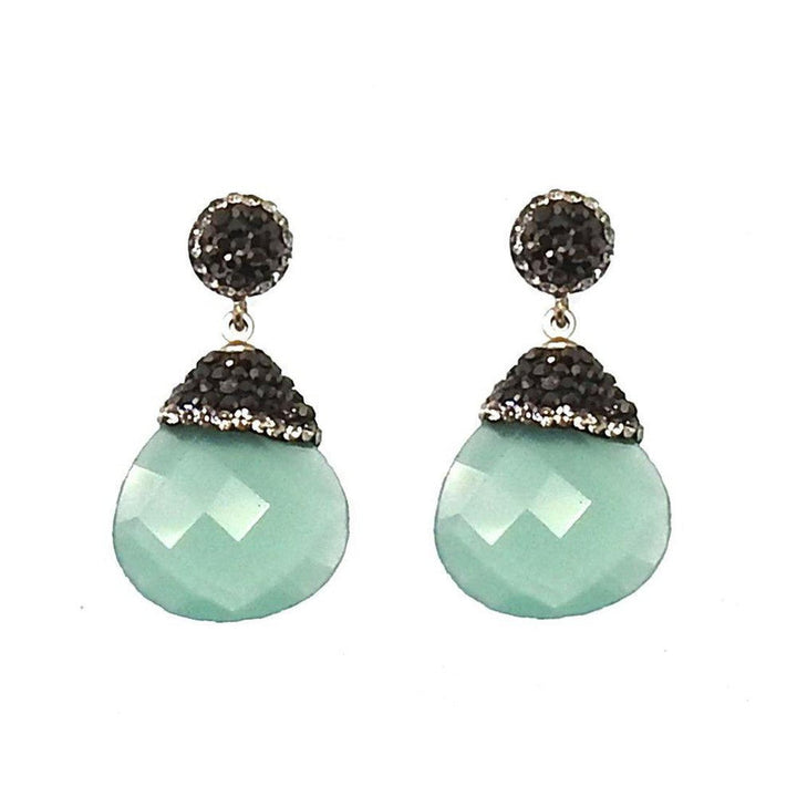 Mint green chalcedony & black crystal drop earrings

