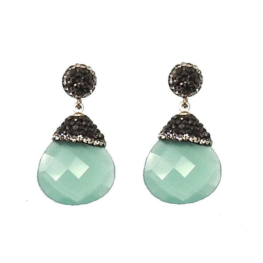 Mint green chalcedony & black crystal drop earrings
