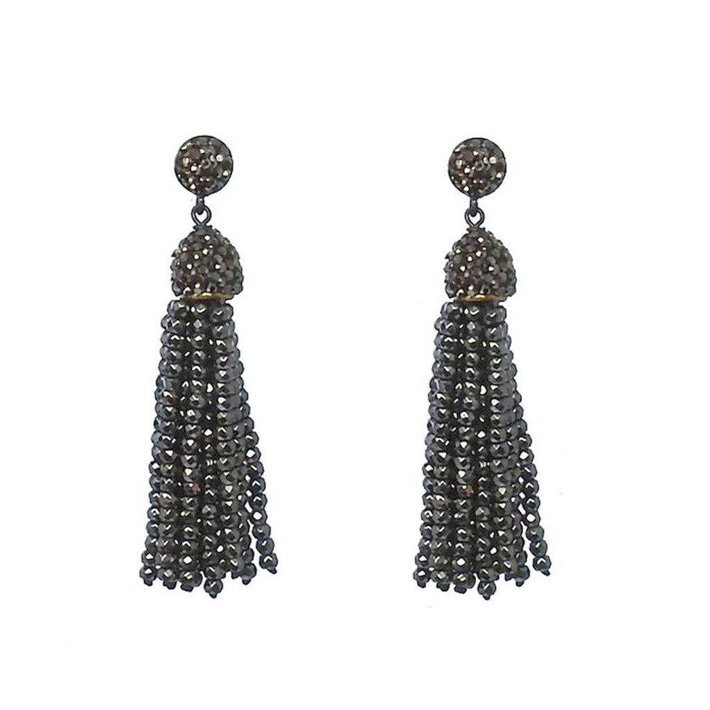 Hematite Tassel Earrings: Dark gray beaded tassel earrings with sparkling accents.
