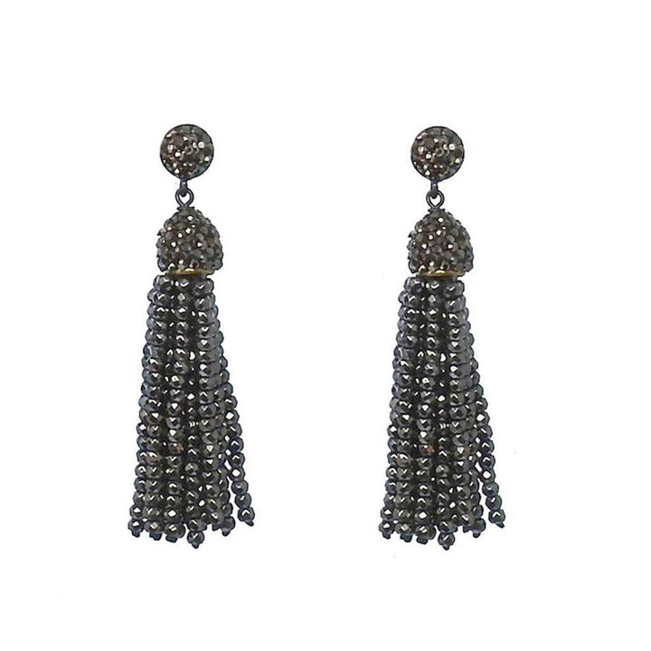 Hematite Tassel Earrings: Dark gray beaded tassel earrings with sparkling accents.
