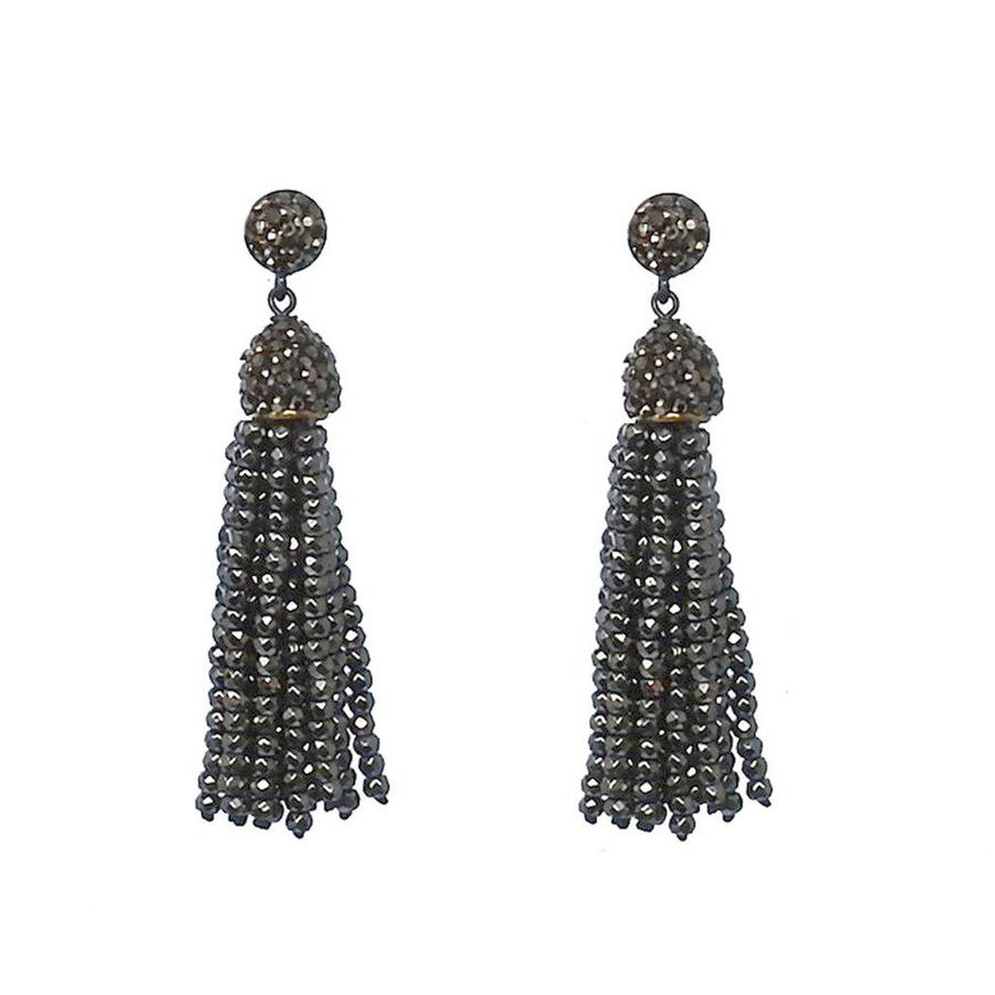 Hematite Tassel Earrings: Dark gray beaded tassel earrings with sparkling accents.
