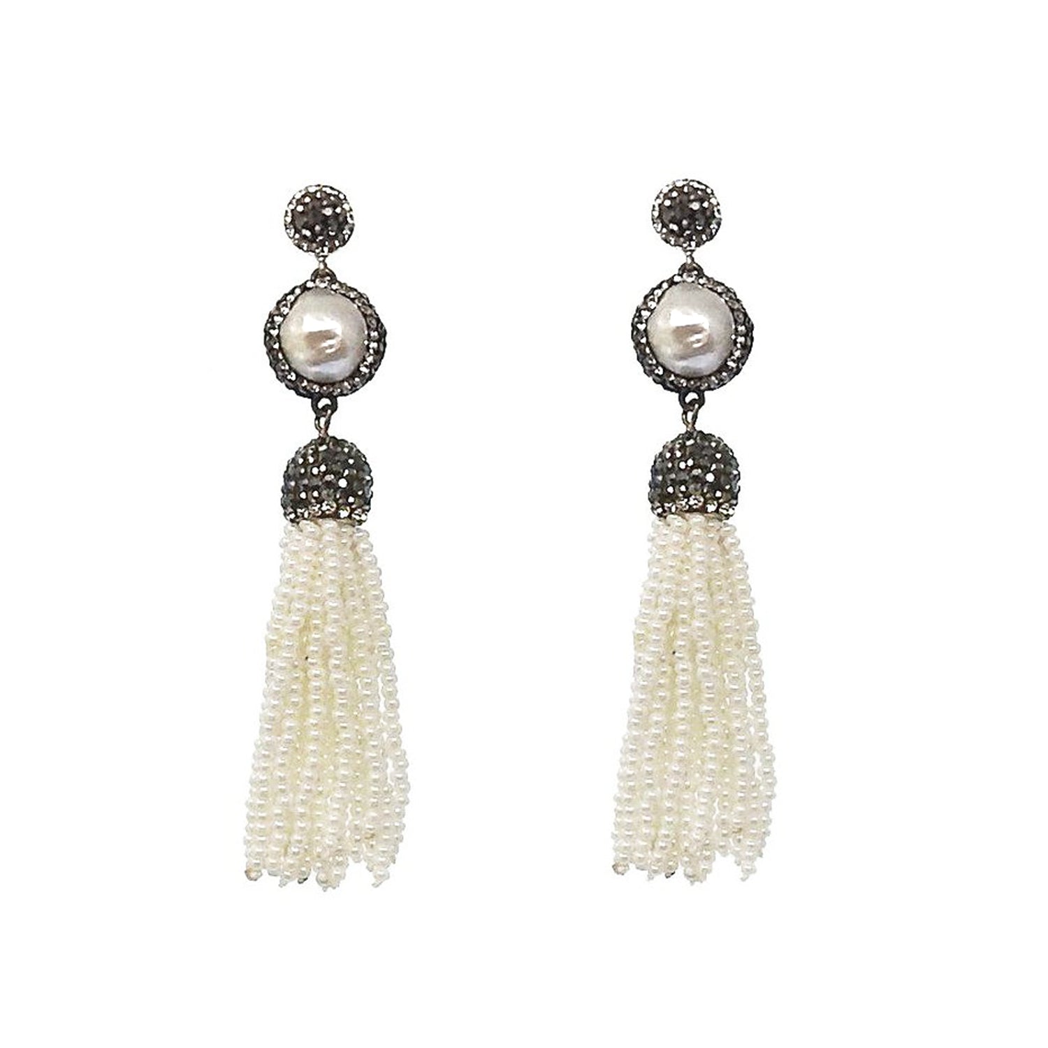 Hematite and Baroque Pearl Tassel Earrings-Theia Jewelry-Swag Designer Jewelry
