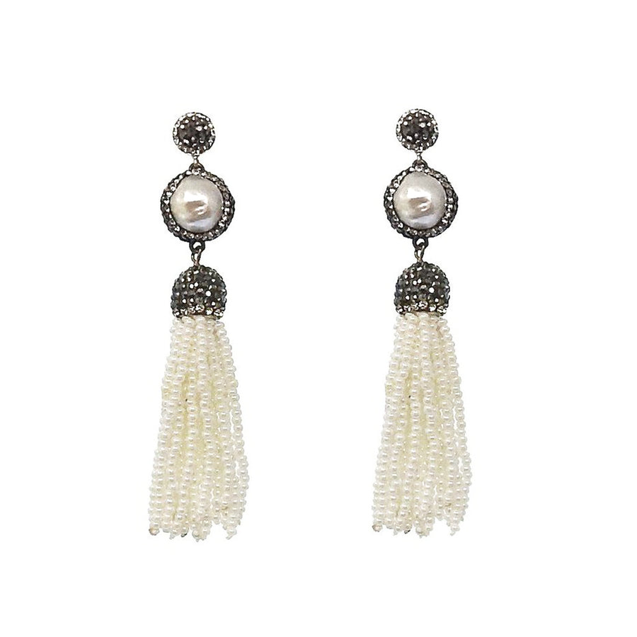 Hematite and Baroque Pearl Tassel Earrings-Theia Jewelry-Swag Designer Jewelry
